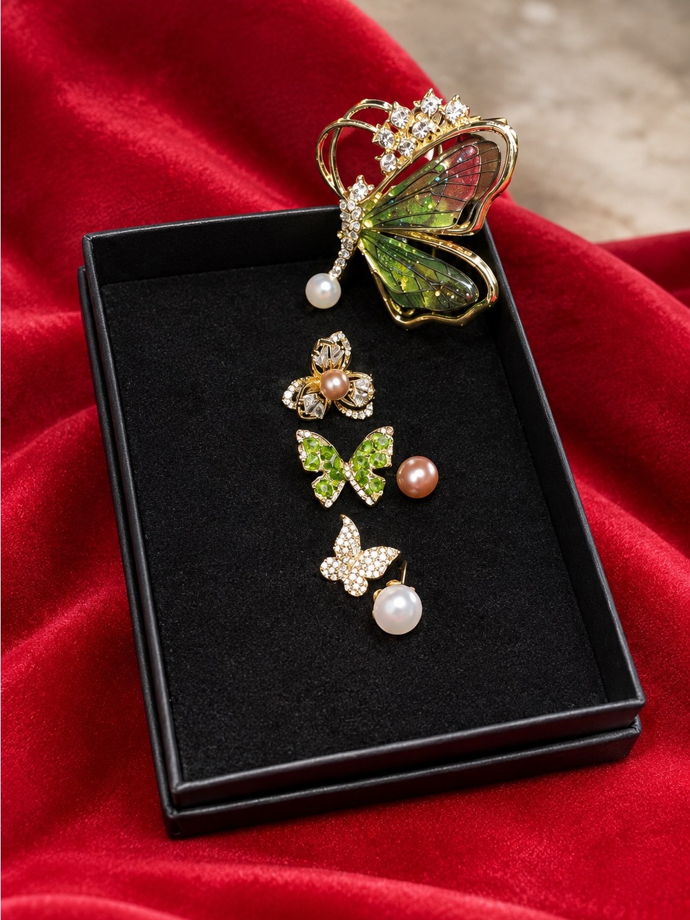 Gold Butterfly & Garden Pearl Ring Set with Matching Brooch/Pin